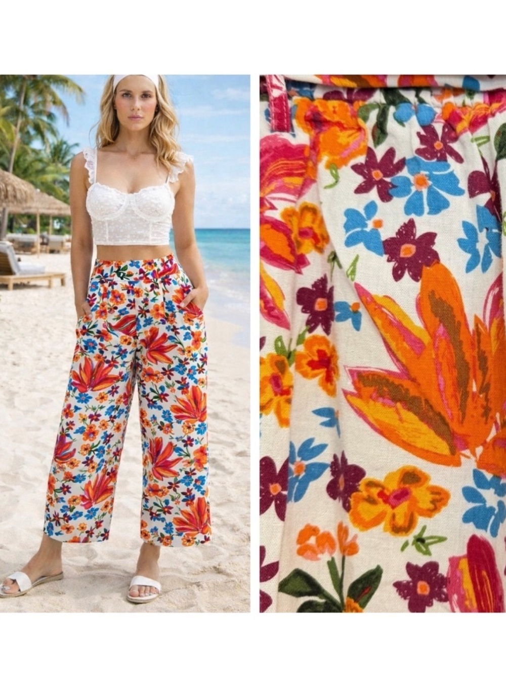 Joie Women's Floral Belted Wide Leg Crop Pants Colorful Linen Blend size 8